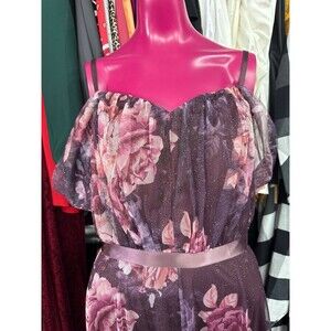 Plum Floral Glitter Mesh Maxi Dress Sweetheart Neckline Off Shoulder size Large